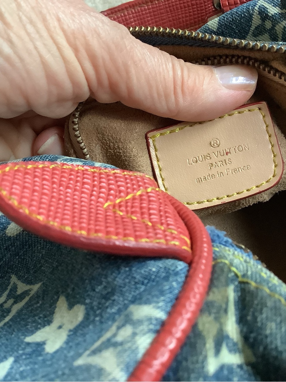 Denim and white, handbag. Red trim.  Signs of use. - Picture 12 of 16